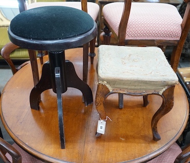 A Victorian rosewood footstool, width 32cm, height 36cm and a contemporary ebonised adjustable piano stool